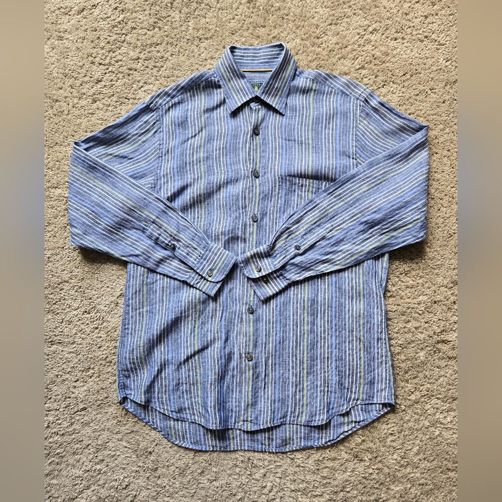 Robert Talbott Linen Shirt Mens M blue Stripe Button Front
